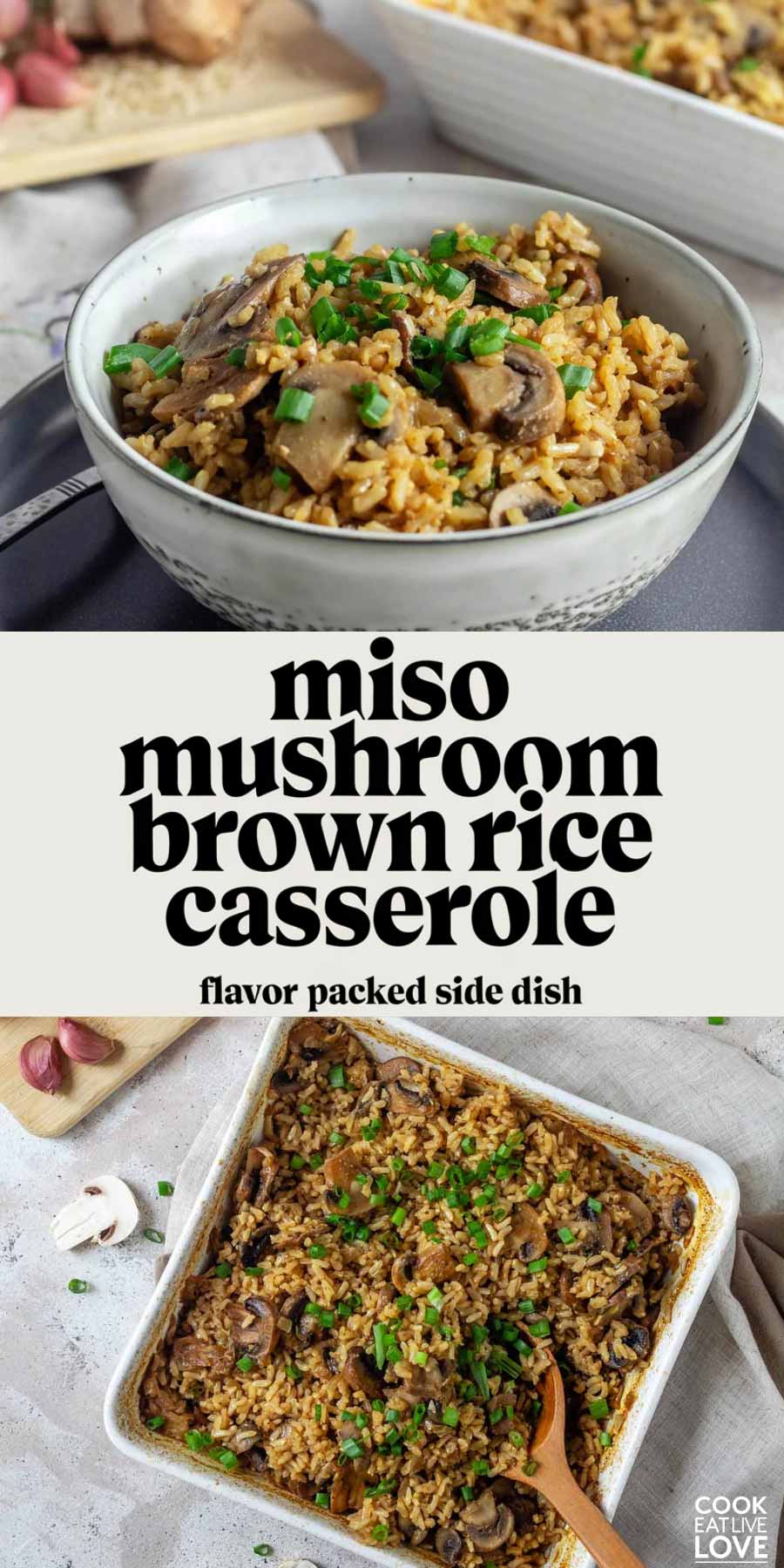 Pin for pinterest graphic with image of brown rice casserole and text on top.