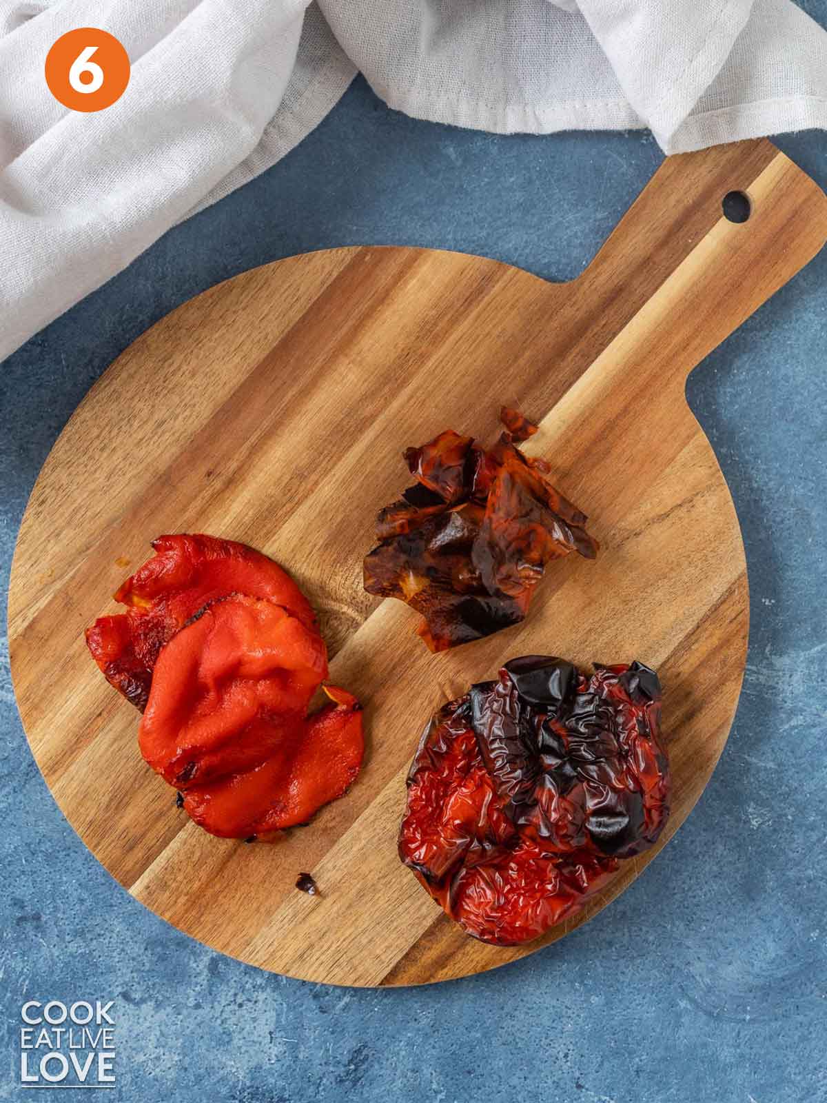 Skin peeled off the roasted red peppers.