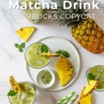Pin for pinterest with glasses of pineapple matcha drink on the table with text on top.