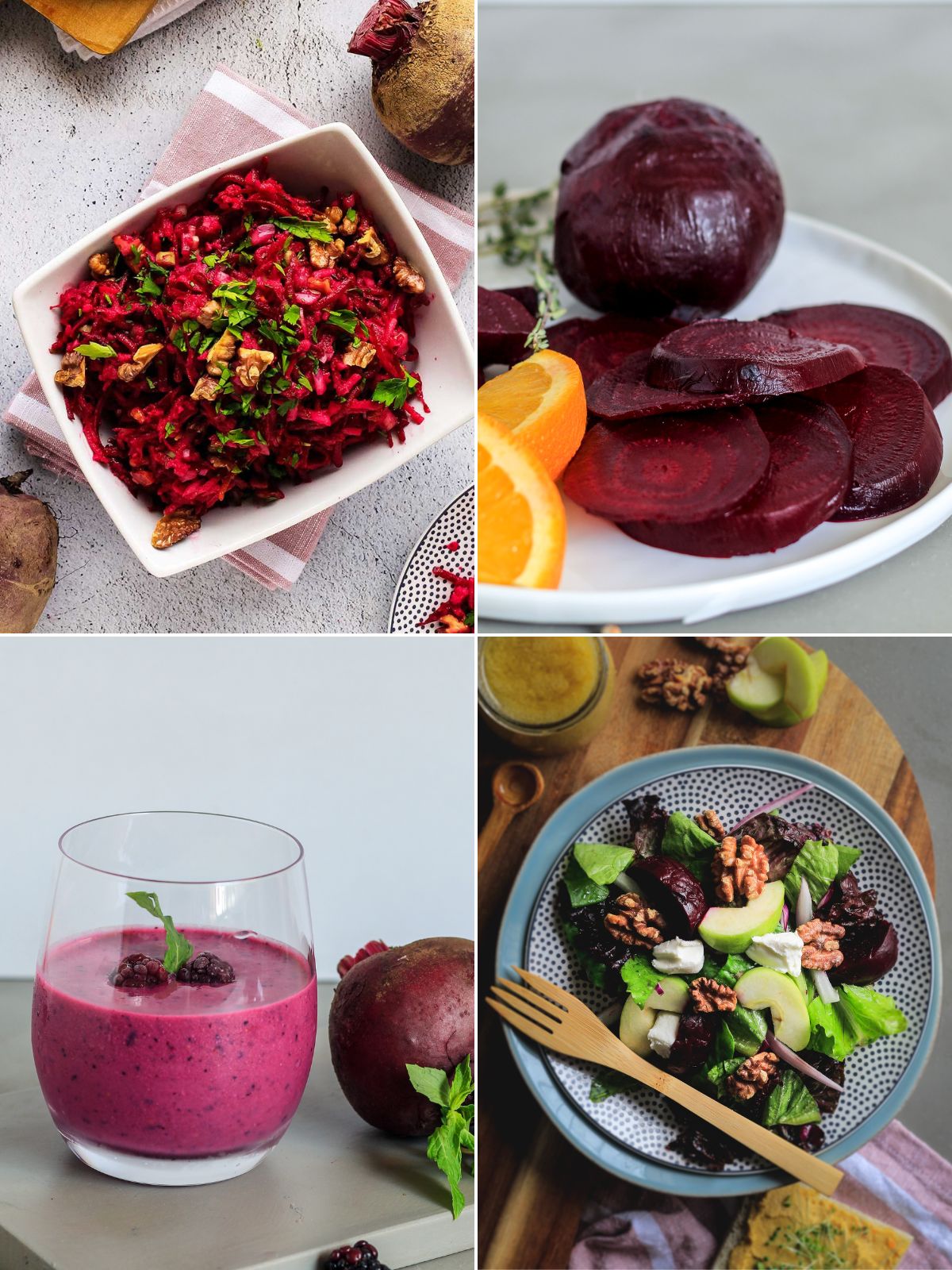 A collage of images of beet dishes including a salad, roasted, and a smoothie.