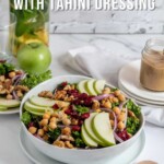 Pin for pinterest graphic with image of kale tahini salad with text on top.