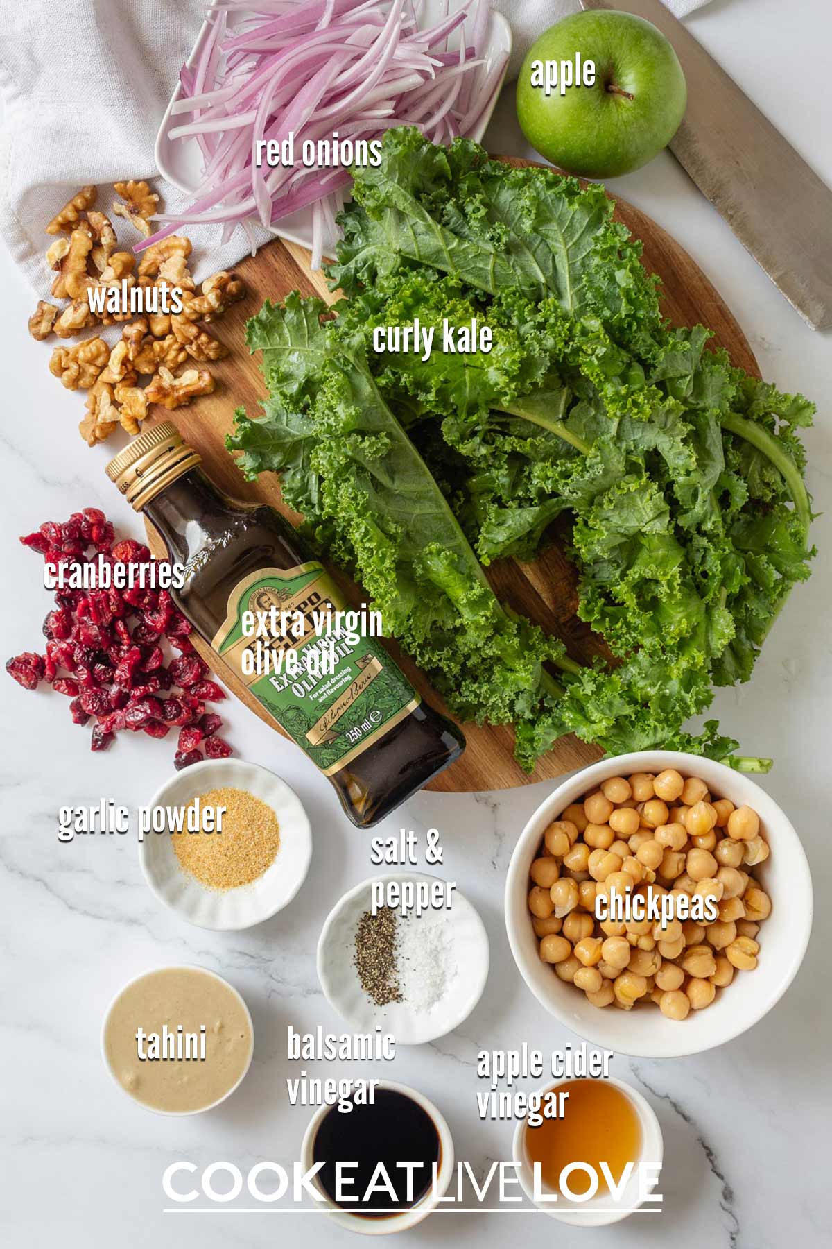 Ingredients to make vegan kale salad on the table.
