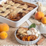 Pin for pinterest graphic with image of peach cobbler and text on top.