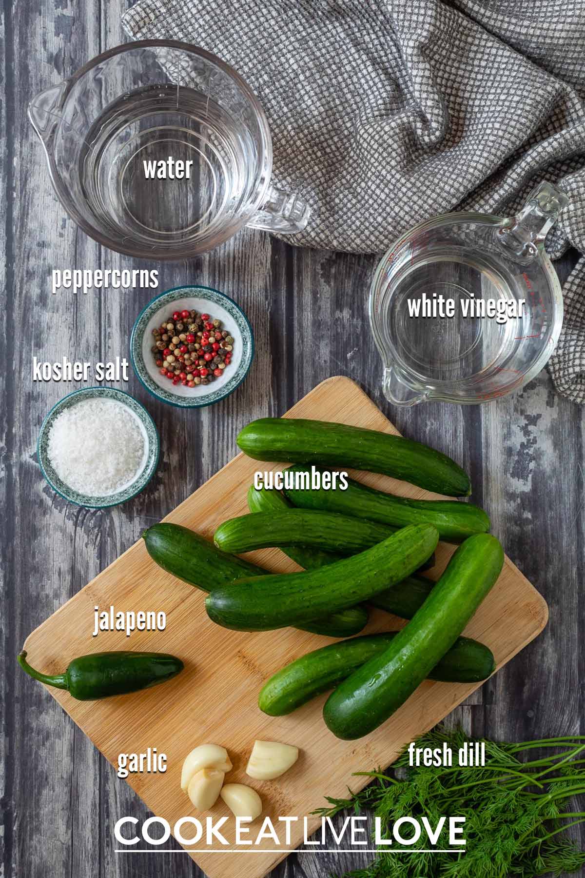 Ingredients to make a small batch of refrigerator dill pickles on the table with text labels.