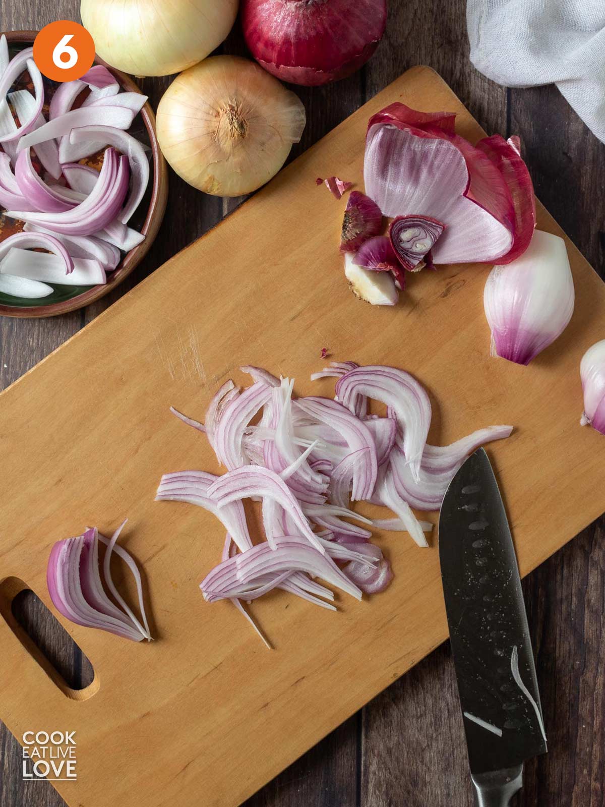 Onion slices on the cutting board when done.