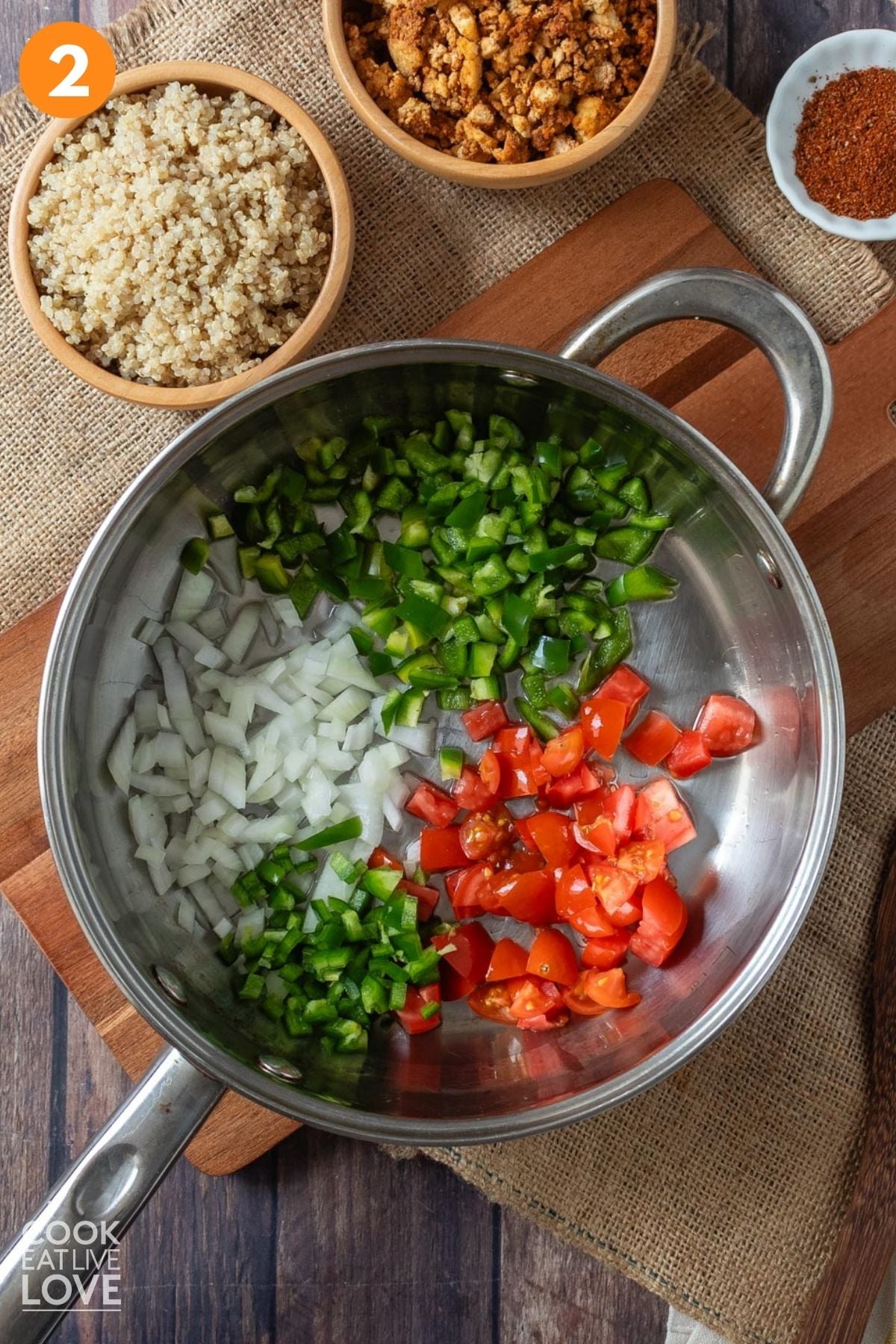 Vegetables in a skillet to cook to make the vegan meat for a vegan taco salad.