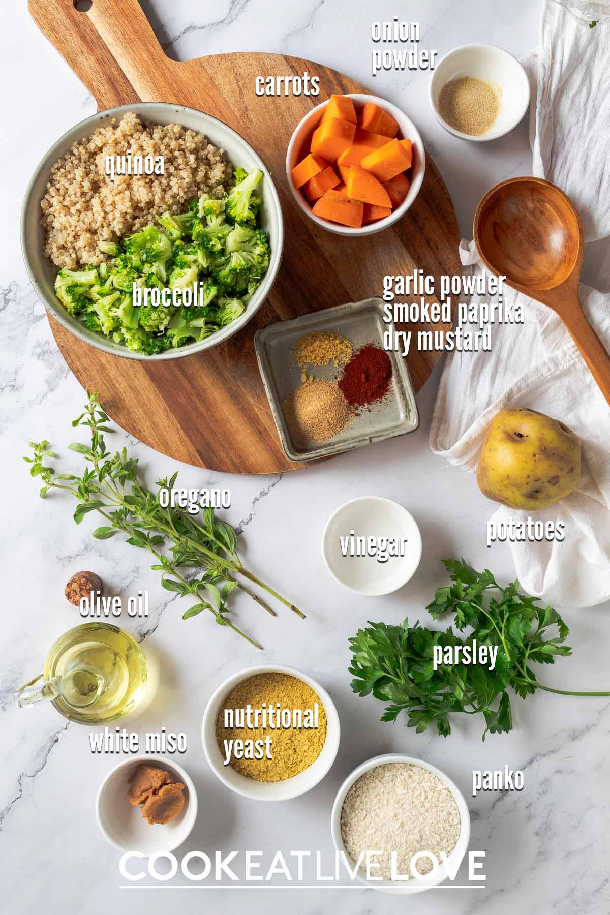 Ingredients to make cheesy broccoli quinoa casserole on the table.