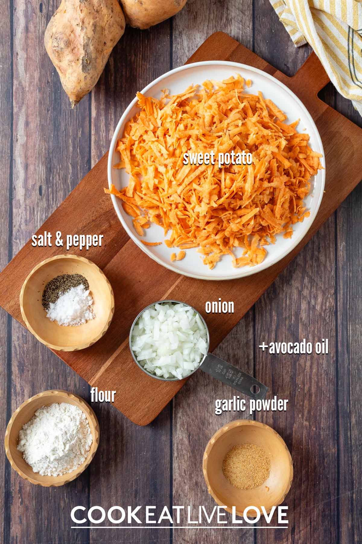 Ingredients to make sweet potato hashbrowns on the table.