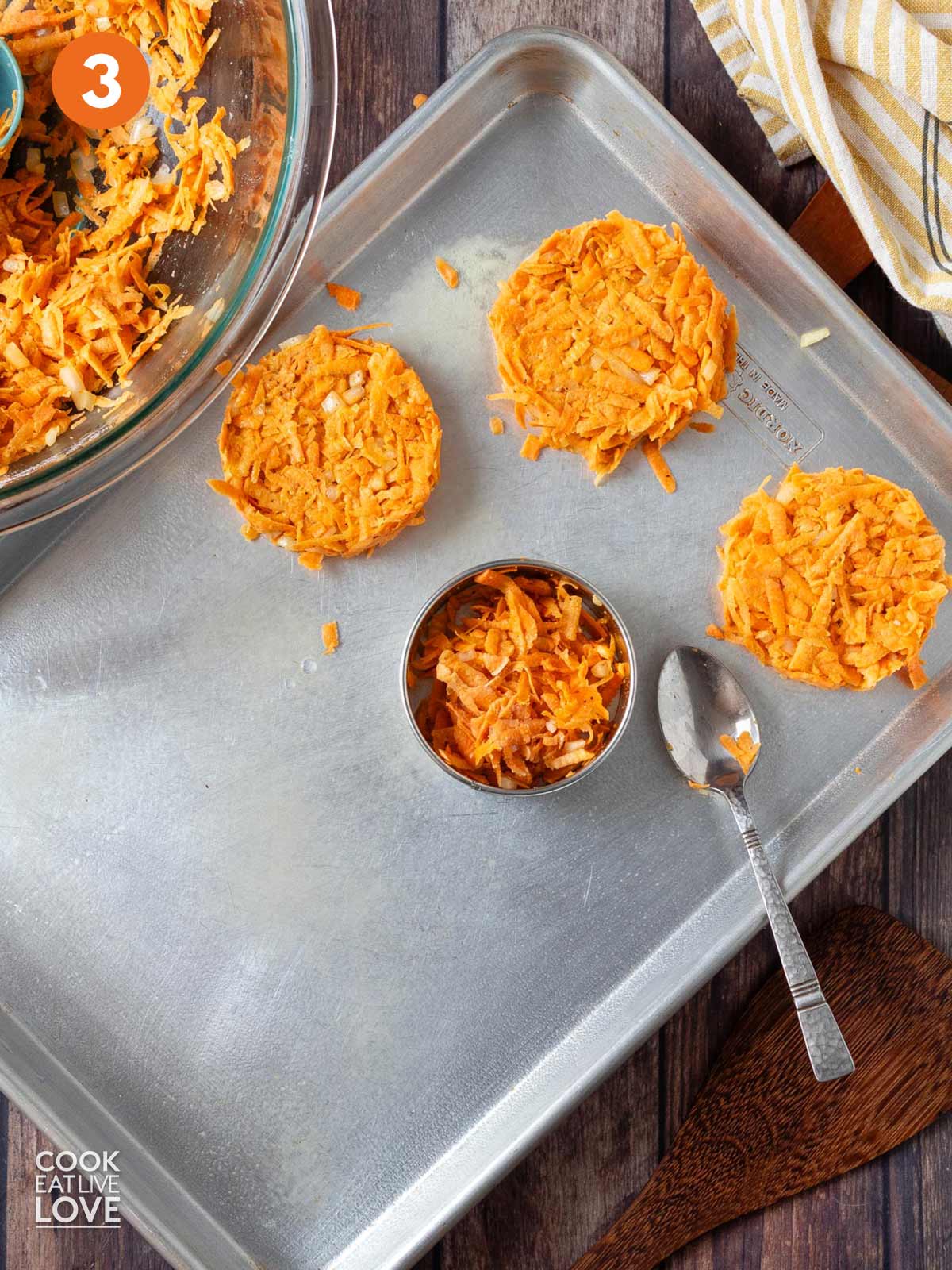 Filling up a ring to shape sweet potato hashbrowns.