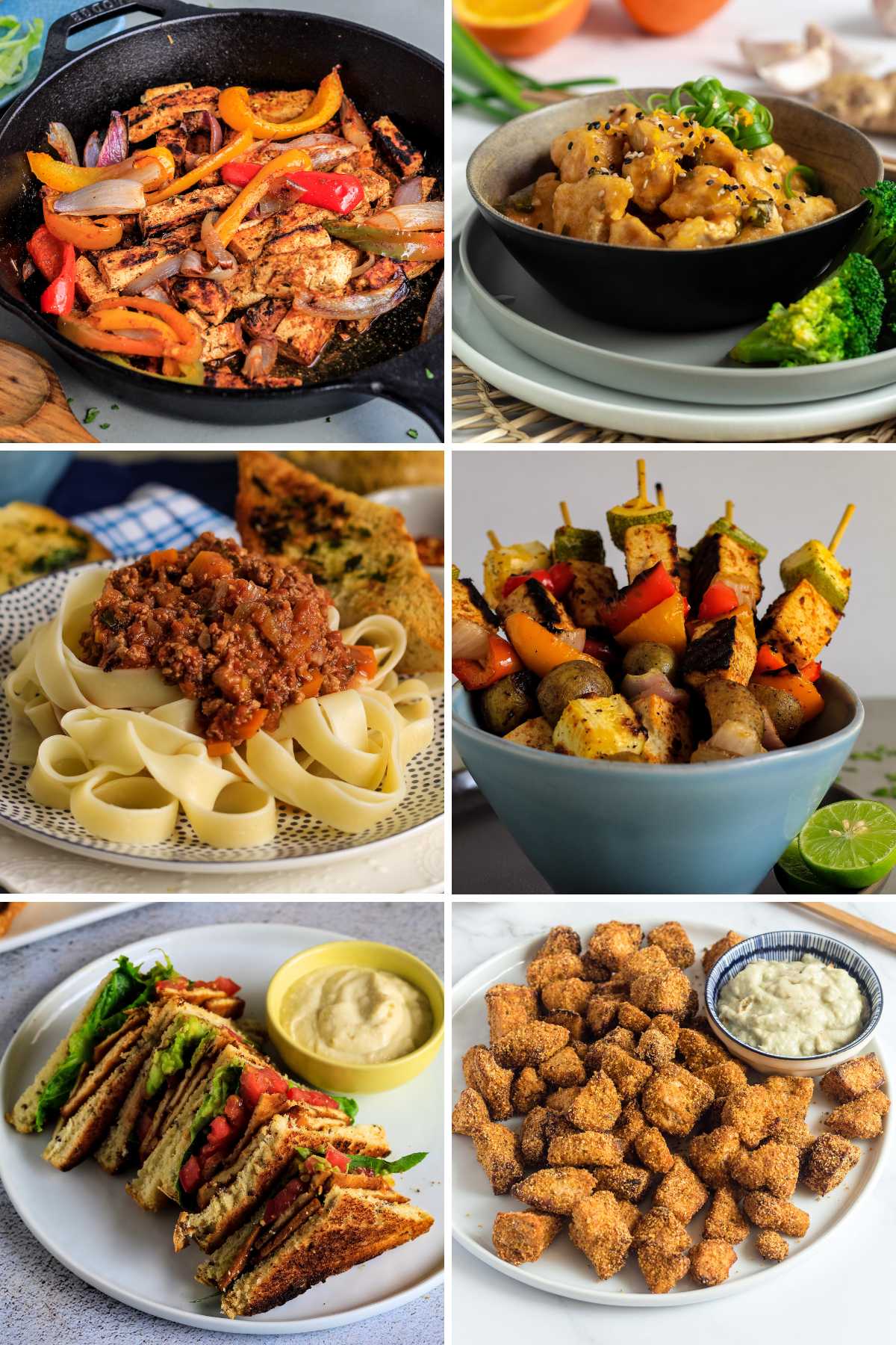 Collage of six vegan tofu recipes.