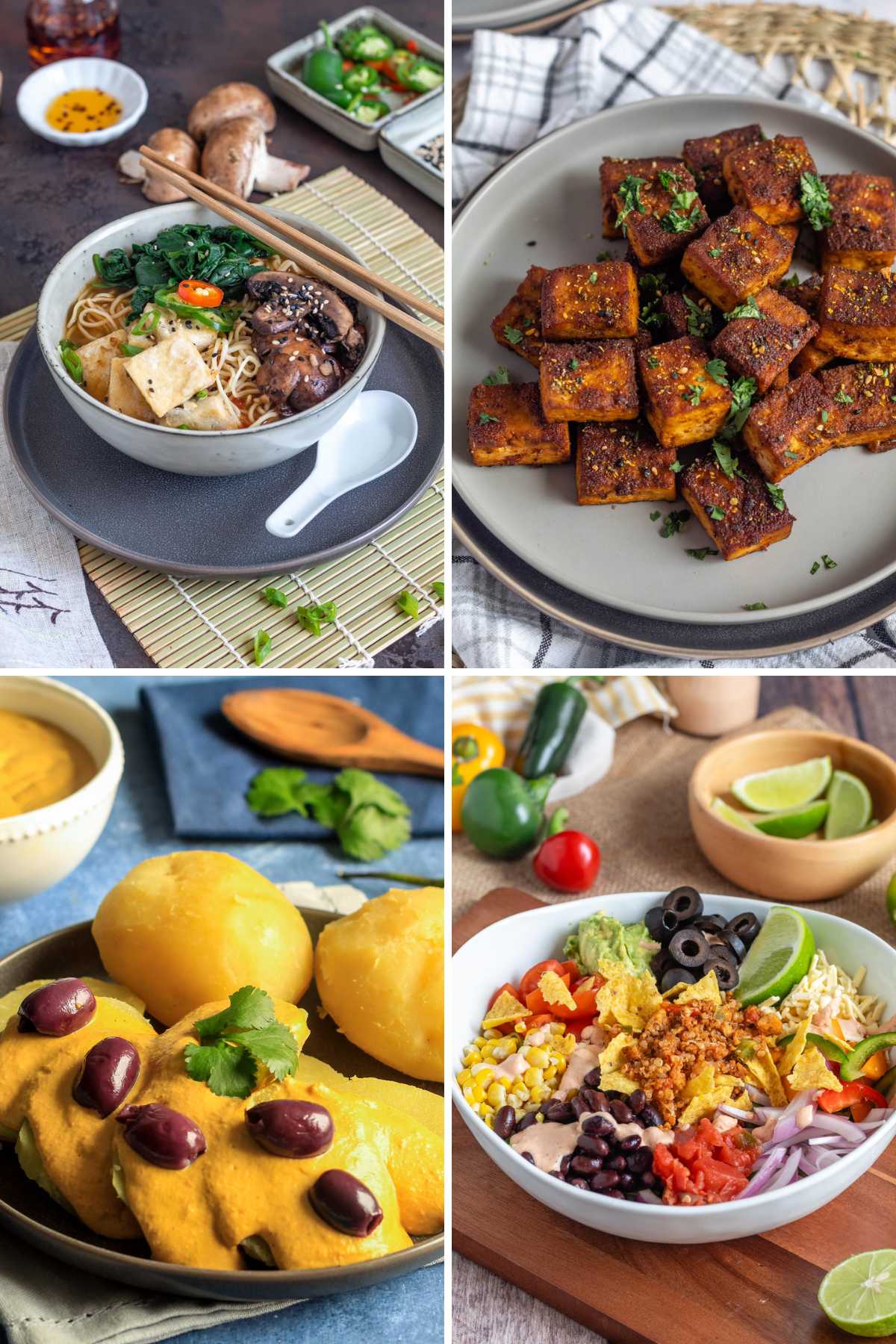 A collage of four different vegan tofu recipes from a soup, cubes, sauce, and a salad.