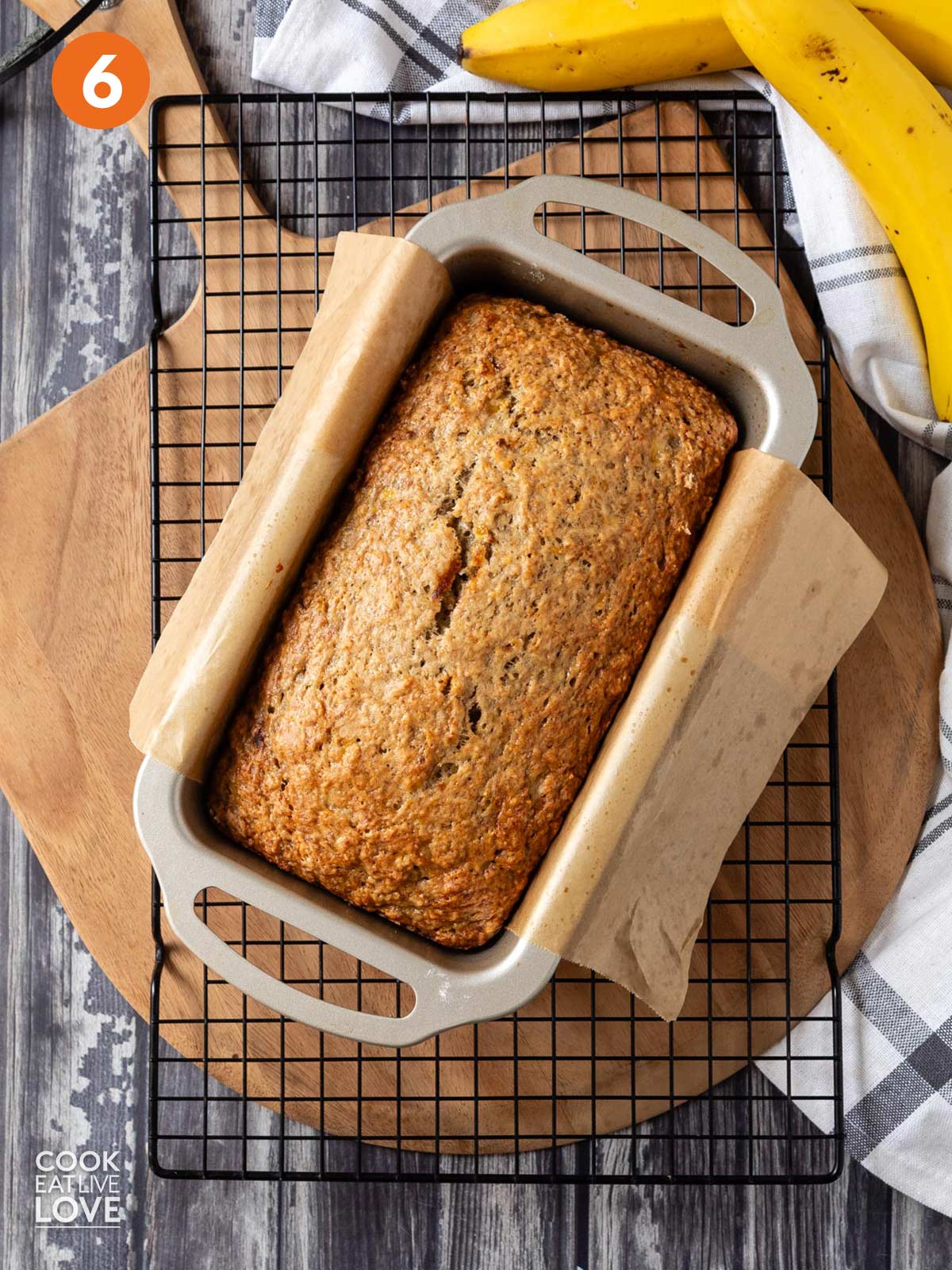 Banana bread without butter in the pan after baking.