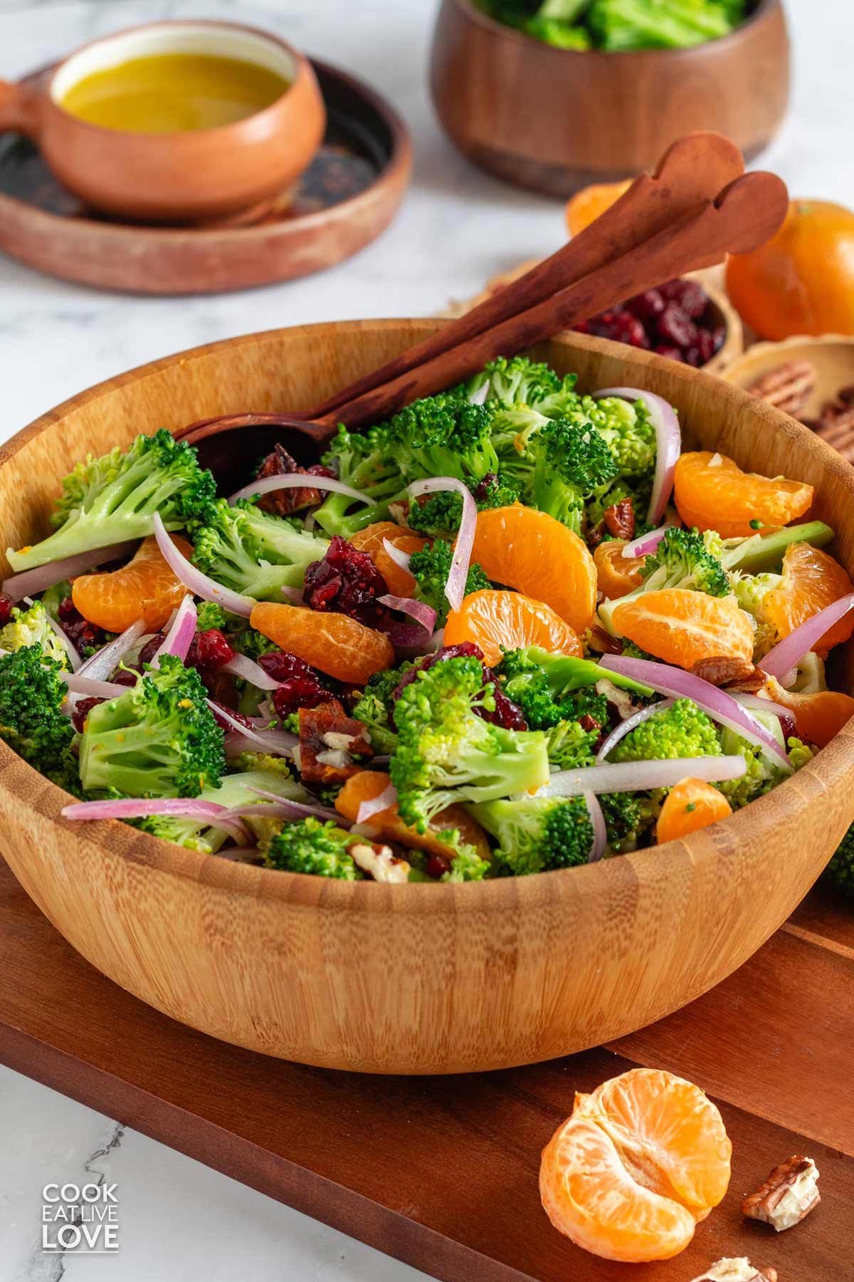 A close up of broccoli and cranberry salad in a bowl.