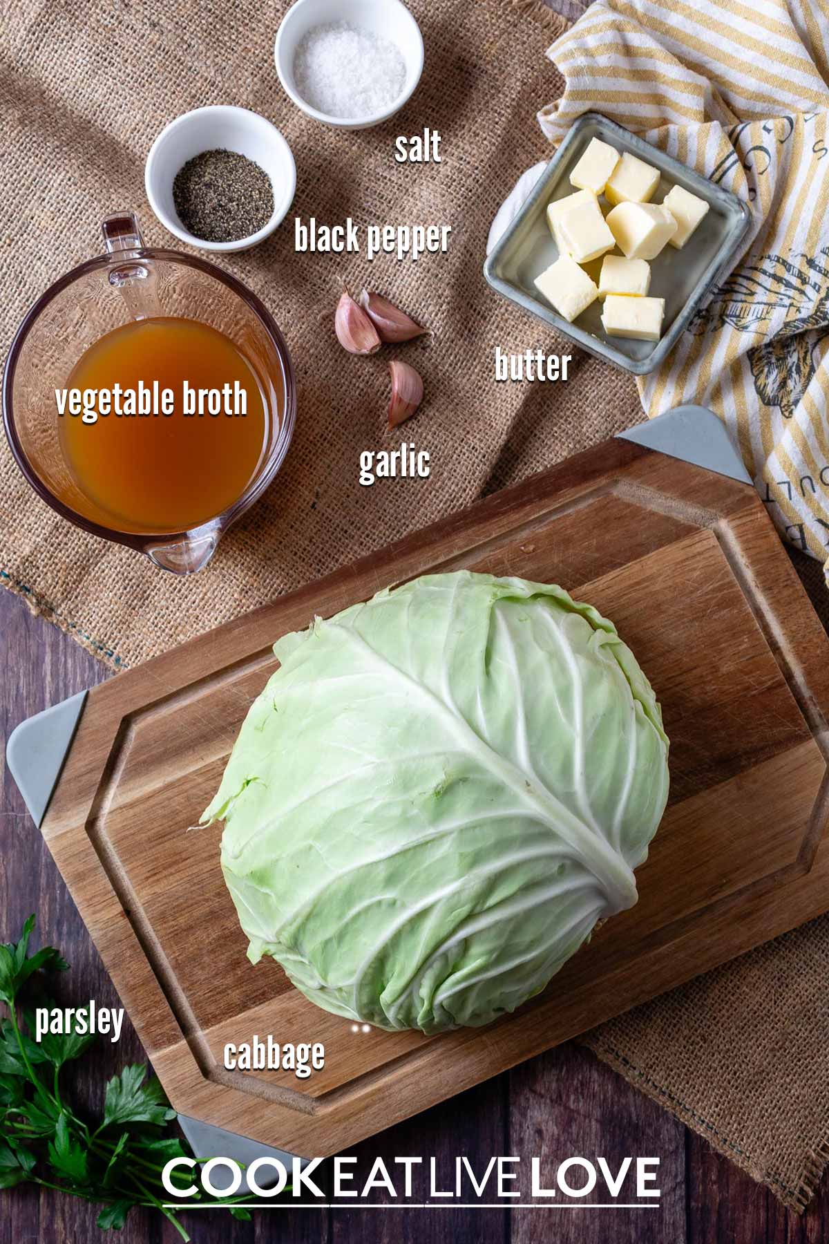 Ingredients to make cabbage in the instant pot on the table before cooking.