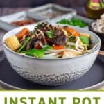 Pin for pinterest graphic with image of stir fry vegetables in a bowl and text on top.