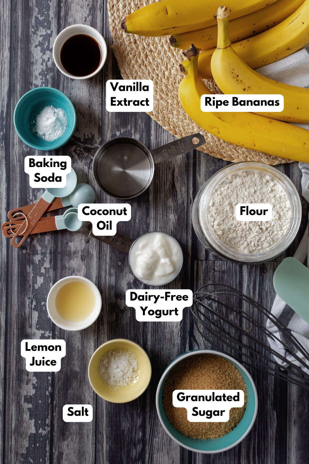 Ingredients to make banana bread recipe no butter on the table before mixing.