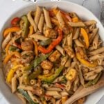 Pin for pinterest graphic with image of pasta dish and text on top.