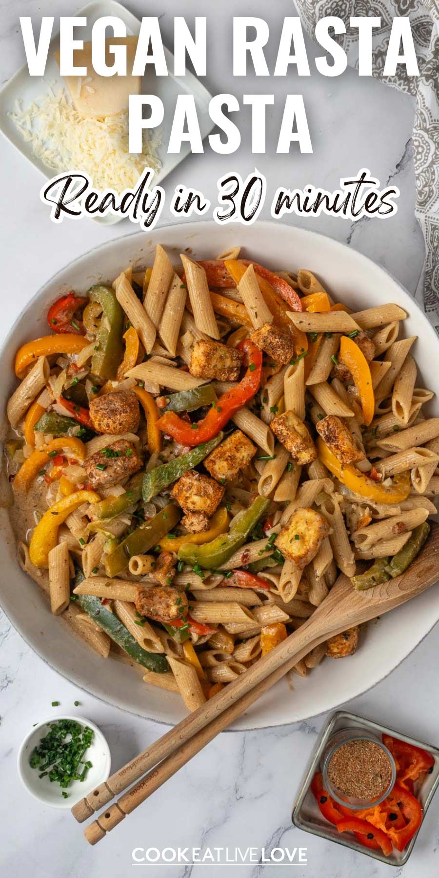 Pin for pinterest graphic with image of pasta dish and text on top.