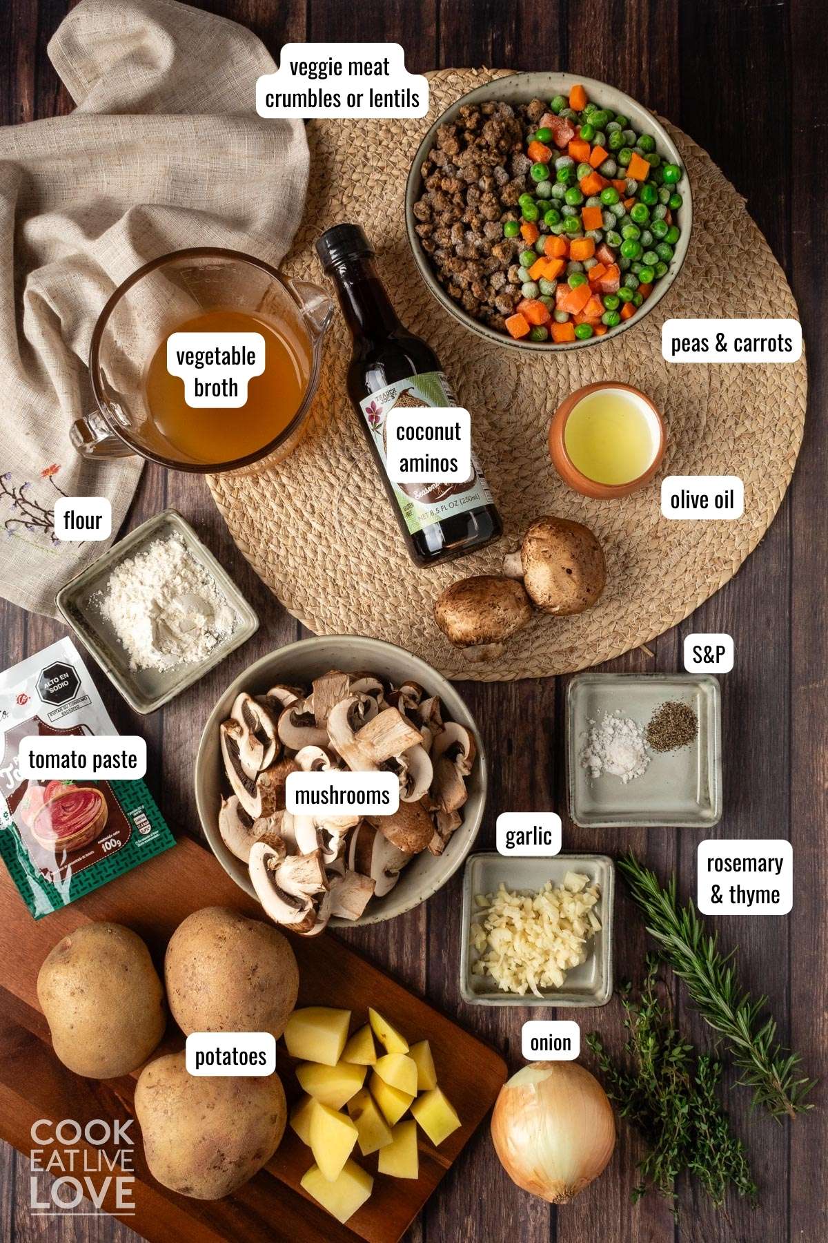Ingredients to make shepherd's pie with mushrooms on the table ready to prepare.