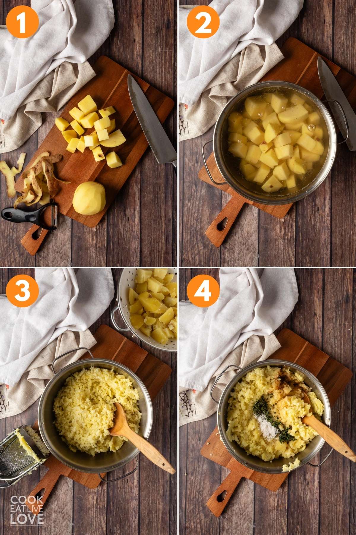 A collage of images showing how to prepare the mashed potatoes. 