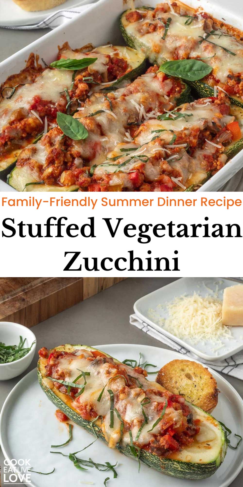 Pin for pinterest graphic with images of stuffed zucchini and text on top.
