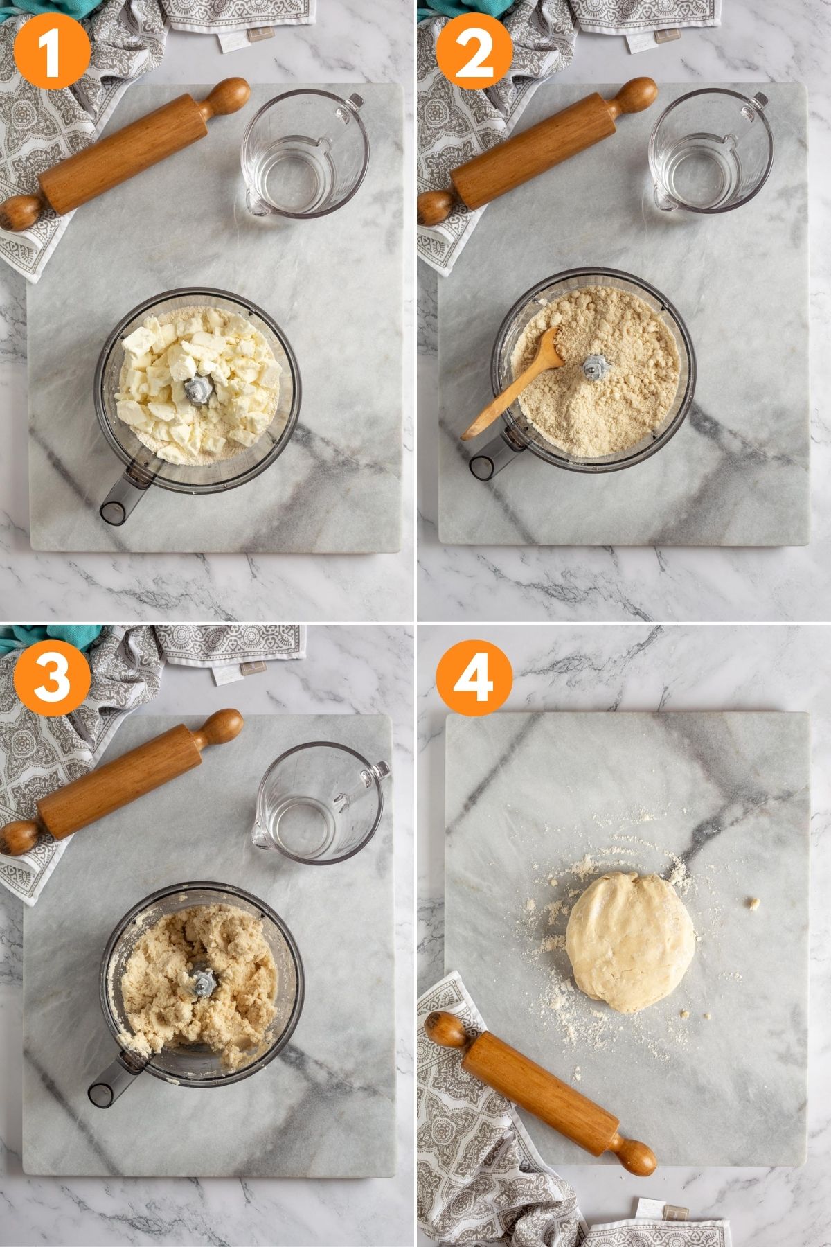 A collage showing adding the ingredients to the food processor to make the dough and then making it. 