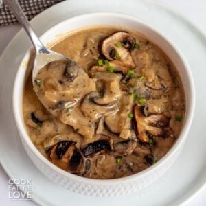 A bowl of vegan mushroom sauce with a spoon resting in the dish.