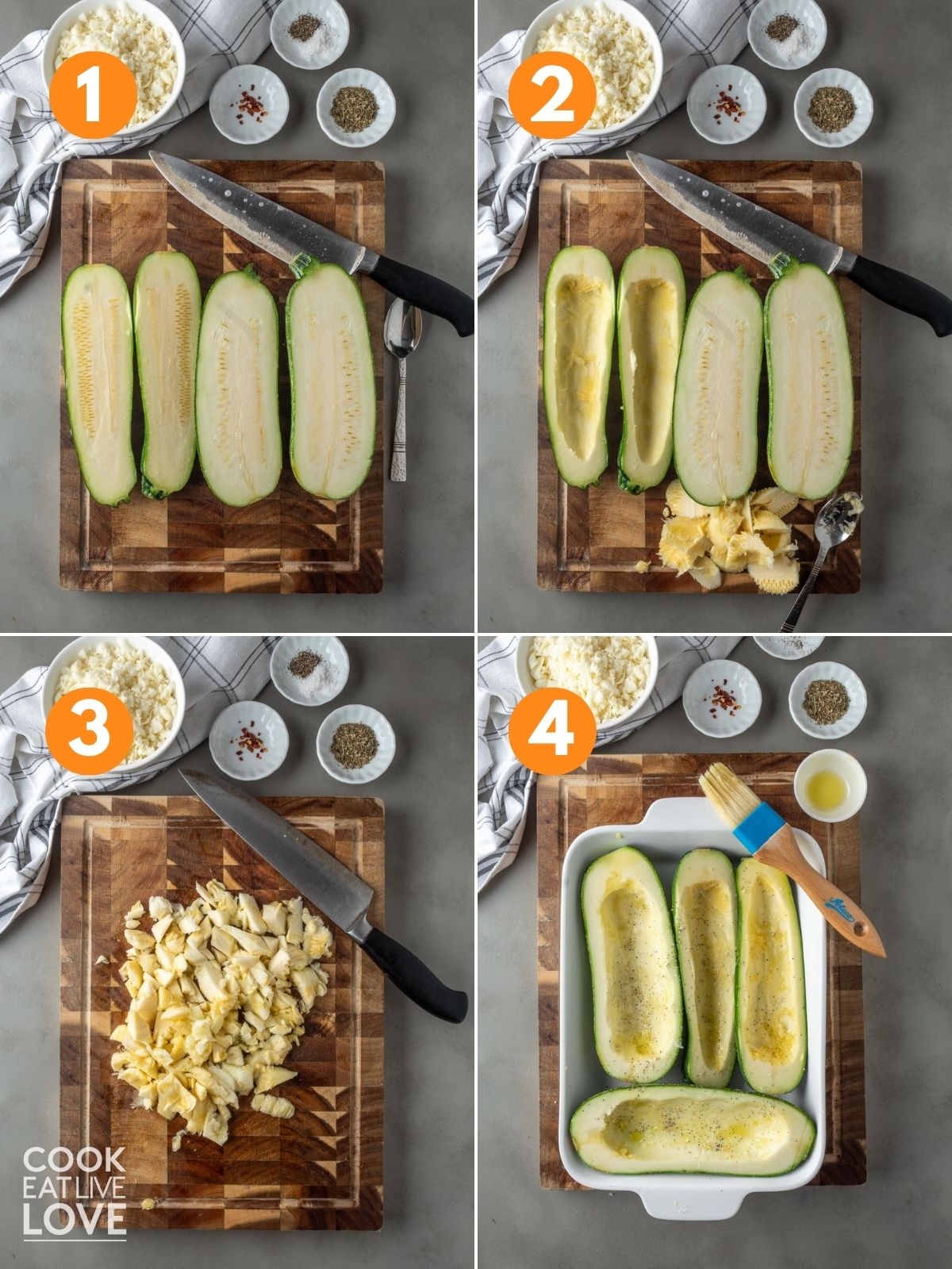 A collage of images with zucchini cut in half, scooped out, insides on a cutting board to chop, and in a baking dish to roast.