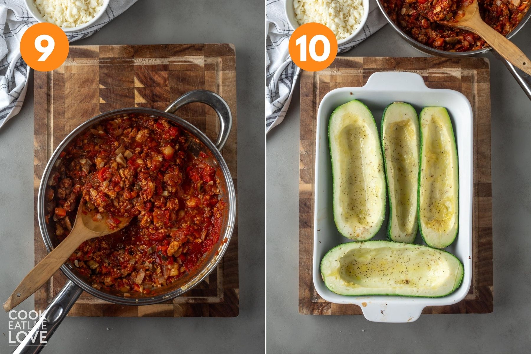 A collage with the meatless sauce in a skillet and the cooked zucchini boats in a baking dish.
