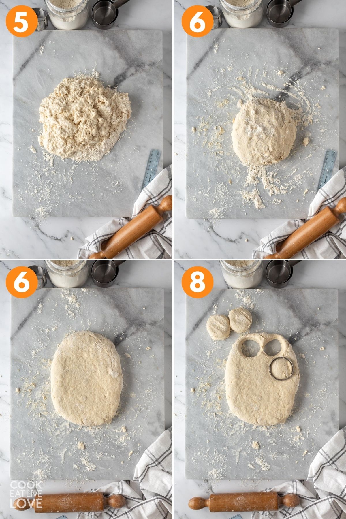 Collage of four photos showing how to form, knead, and roll out the dough and also how to cut the biscuits.