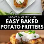 Pin for pinterest with images of potato fritters and text on top.