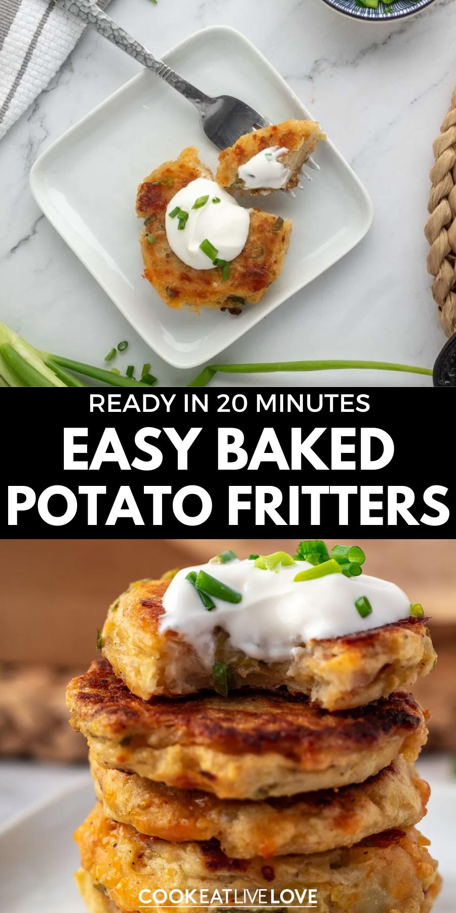 Pin for pinterest with images of potato fritters and text on top.