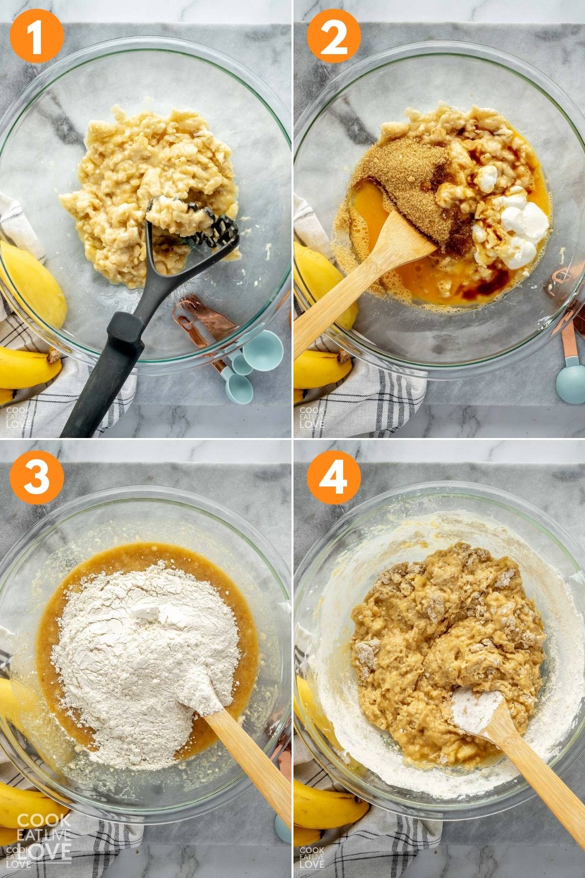 Collage of four images showing how to make the banana bread batter in a glass mixing bowl.