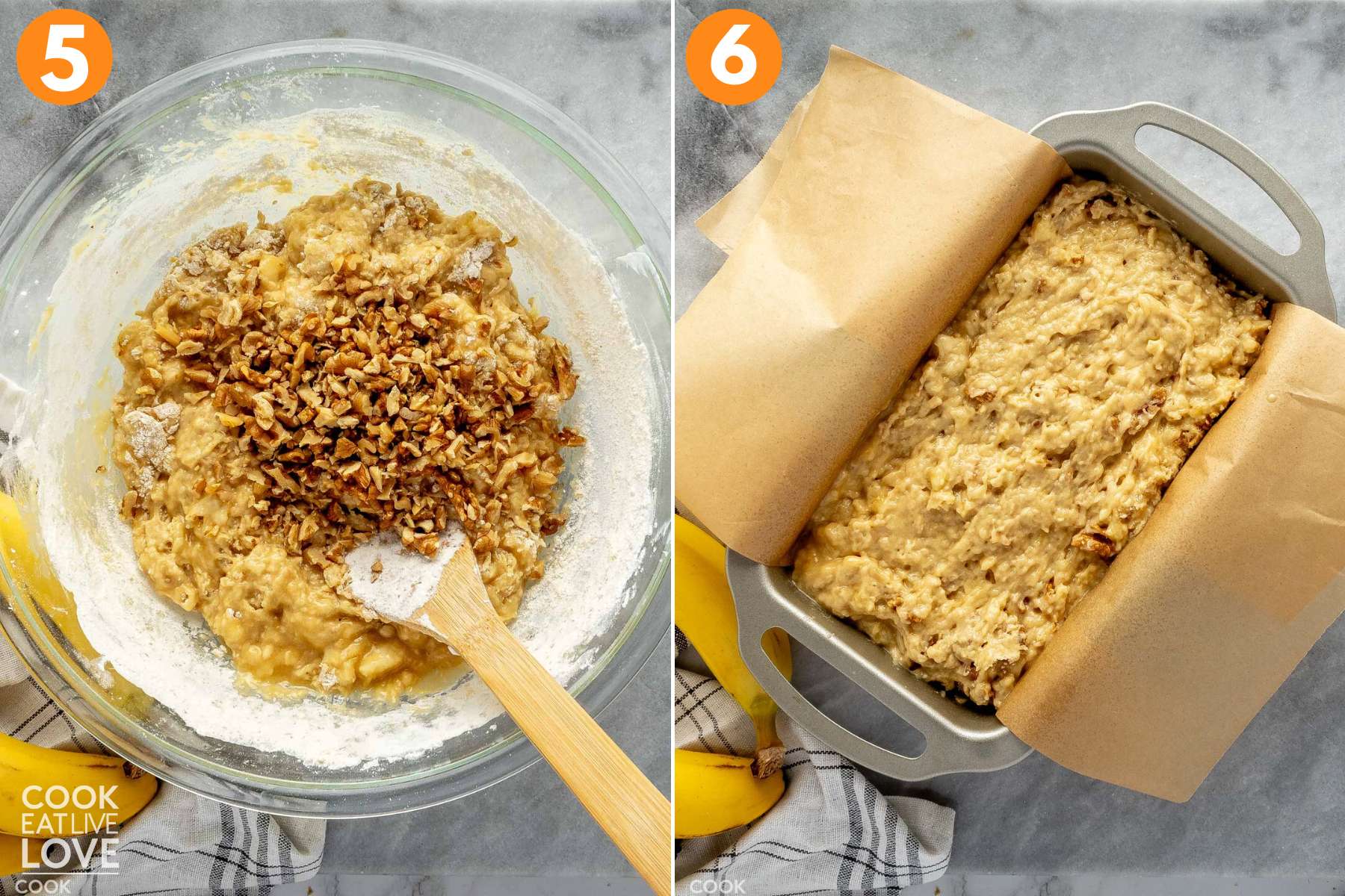 Collage of two photos showing adding the nuts to the batter and the batter in a loaf pan with parchment paper.