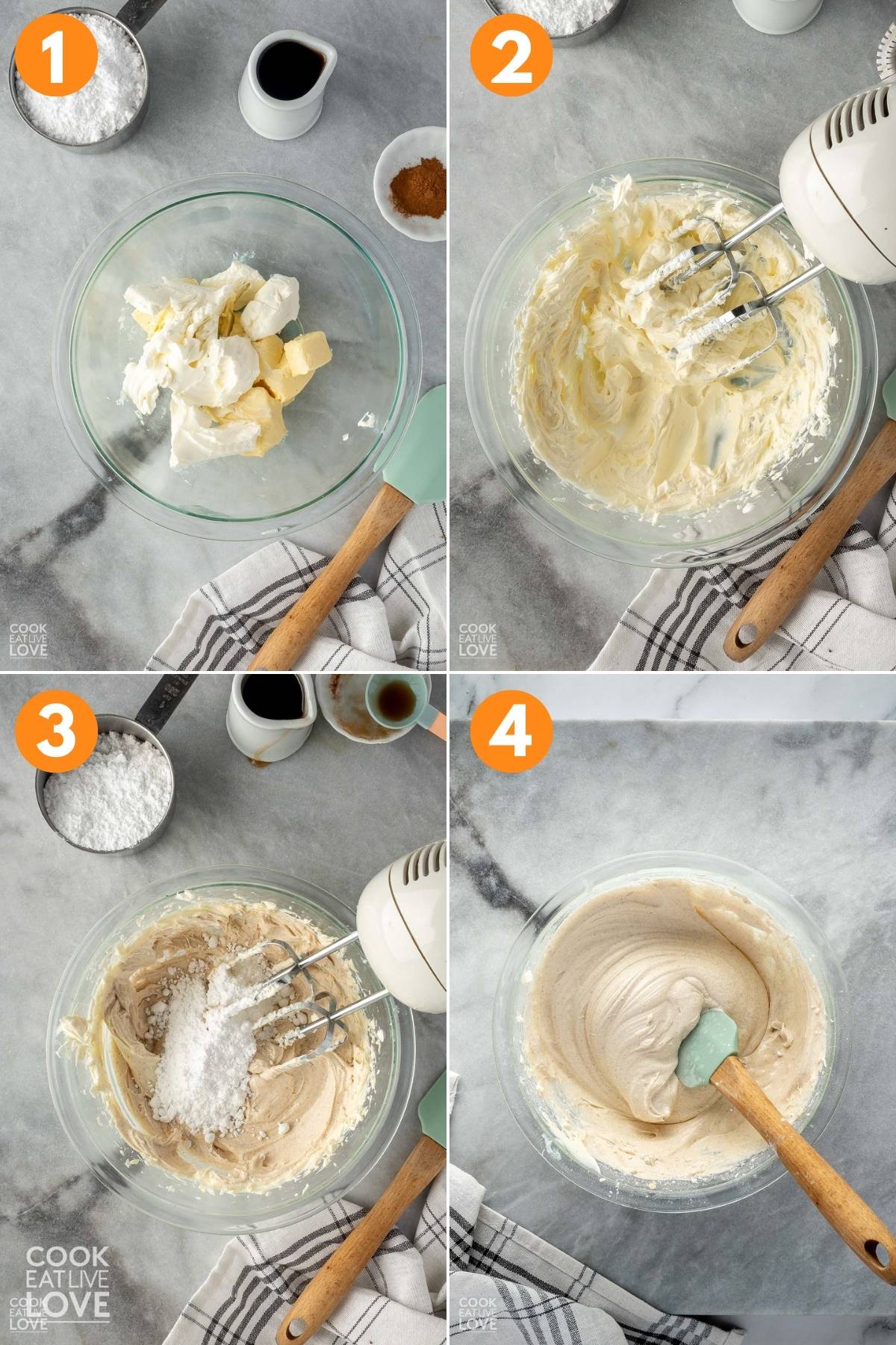 Collage of four images showing how to make the banana bread frosting.