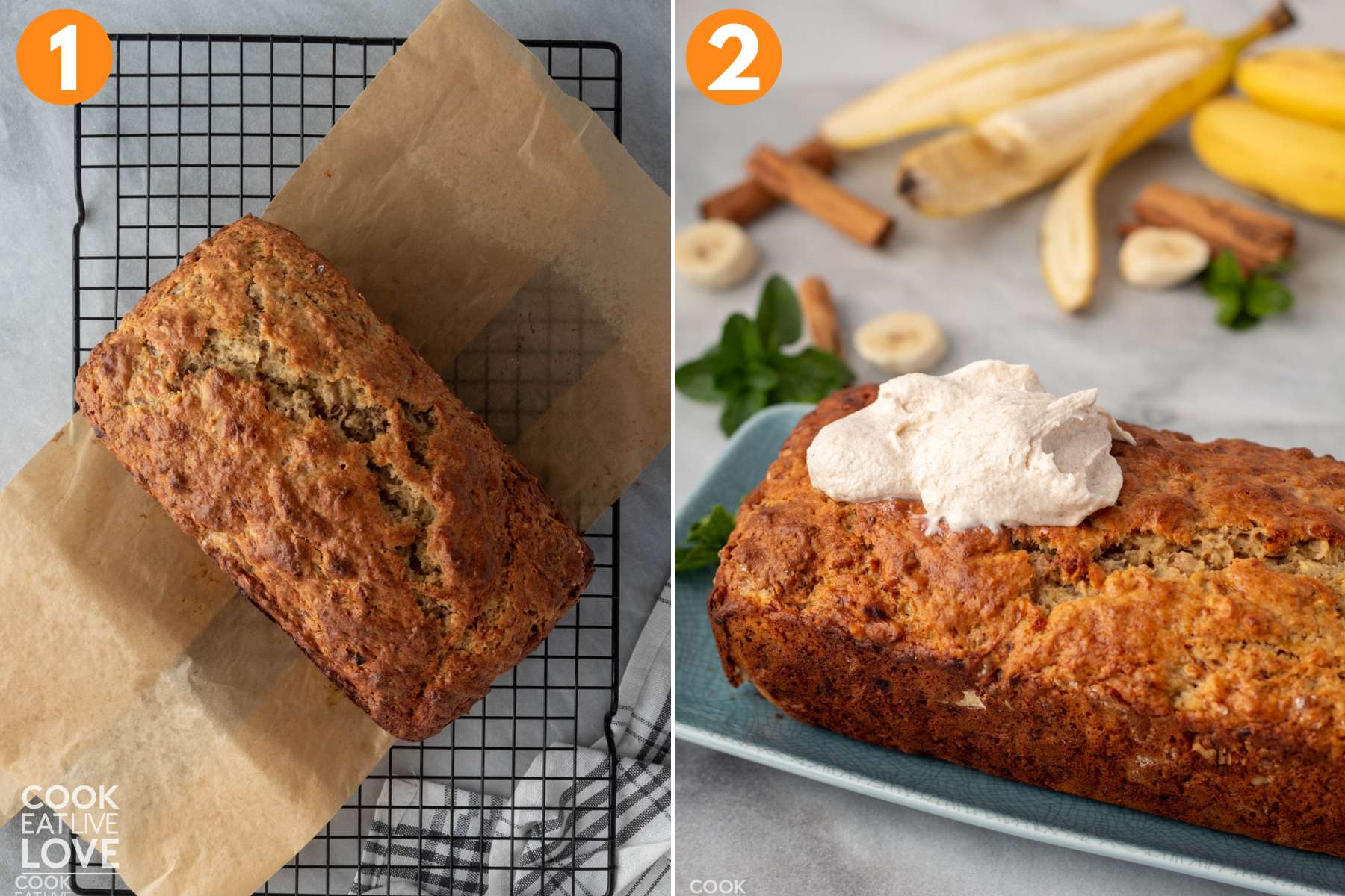Collage of two images showing how to top the cooled banana bread with the cream cheese frosting.