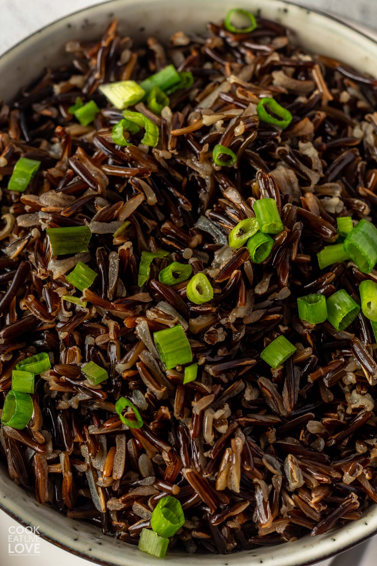 Wild rice in a bowl and garnished with green onions.