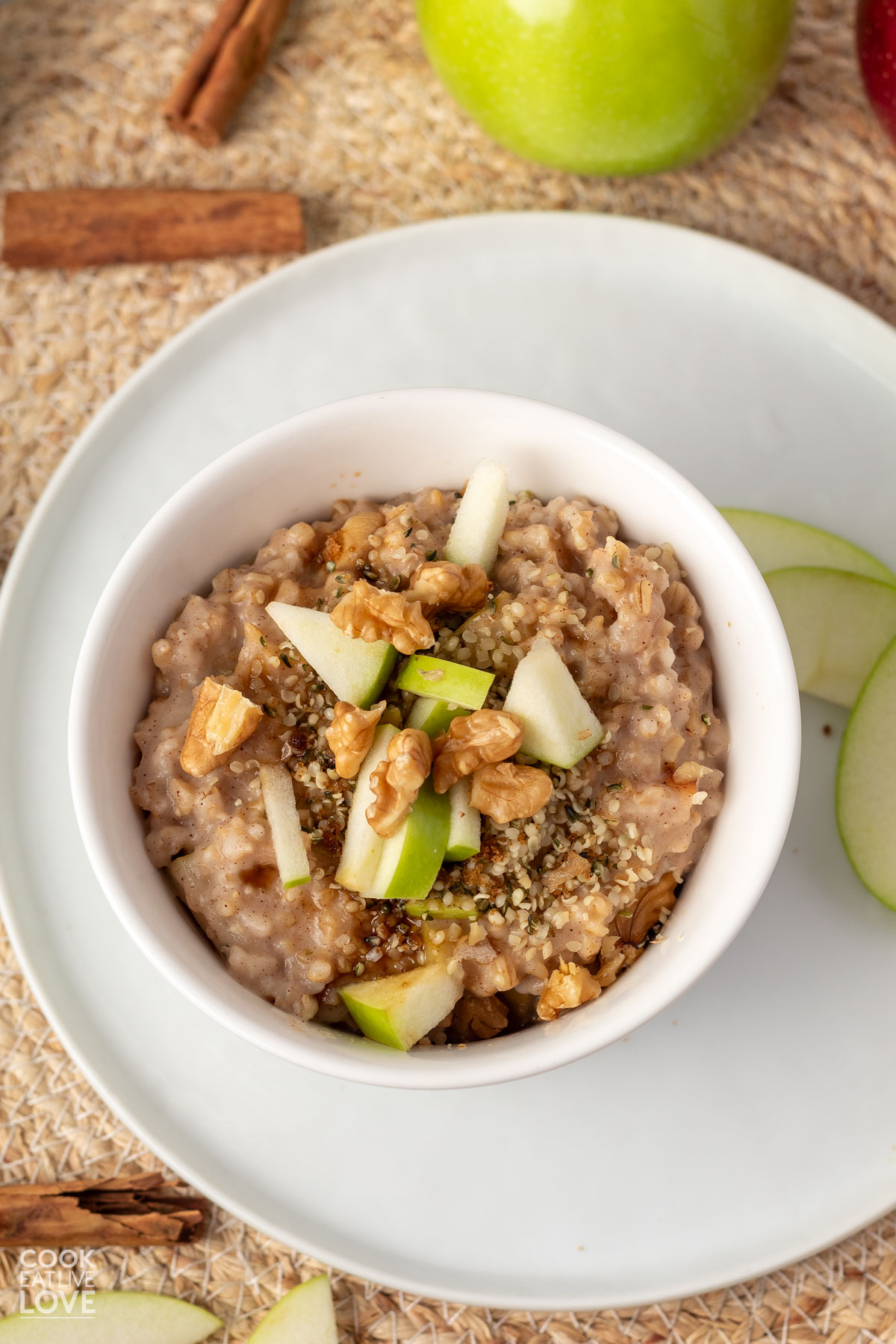A bowl of apple oatmeal on a white plate with sliced apples.