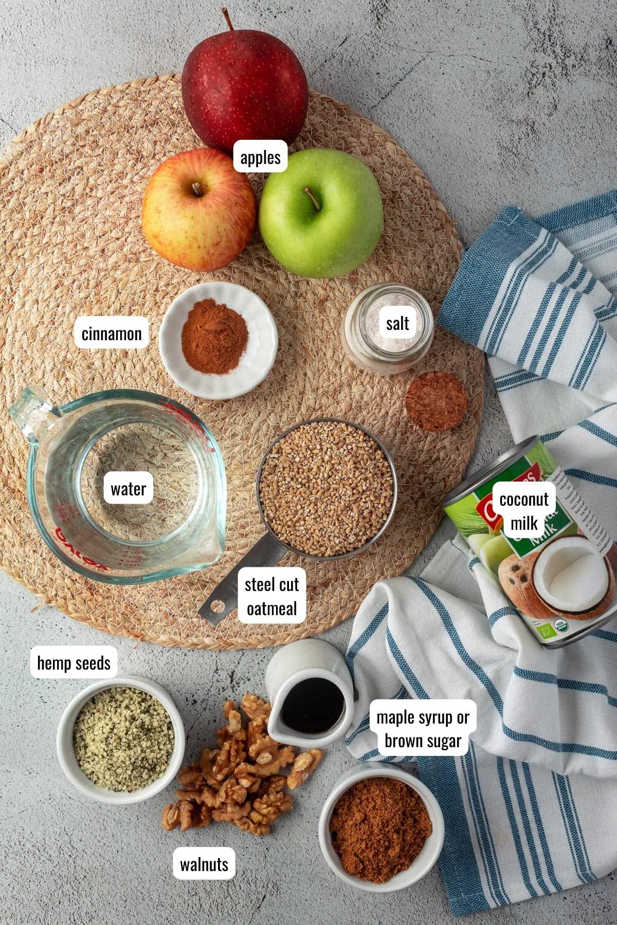 Ingredients on the table to make slow cooker apple oatmeal on the counter with text labels.