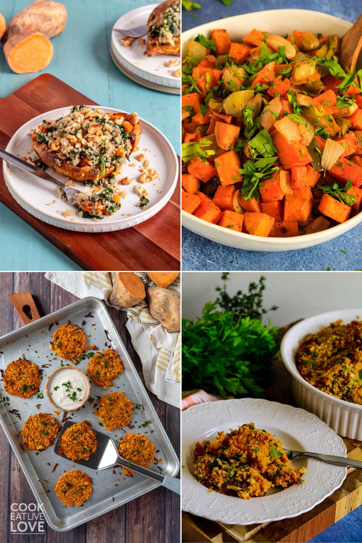 A collage of images made with sweet potatoes including a stuffed sweet potato, sweet potato hash, hash browns, and a mashed sweet potato casserole.