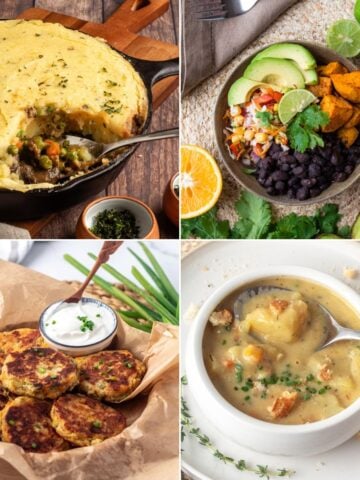 A collage of four vegan potato recipes including shepherd's pie, a burrito bowl, fritters, and potato soup.