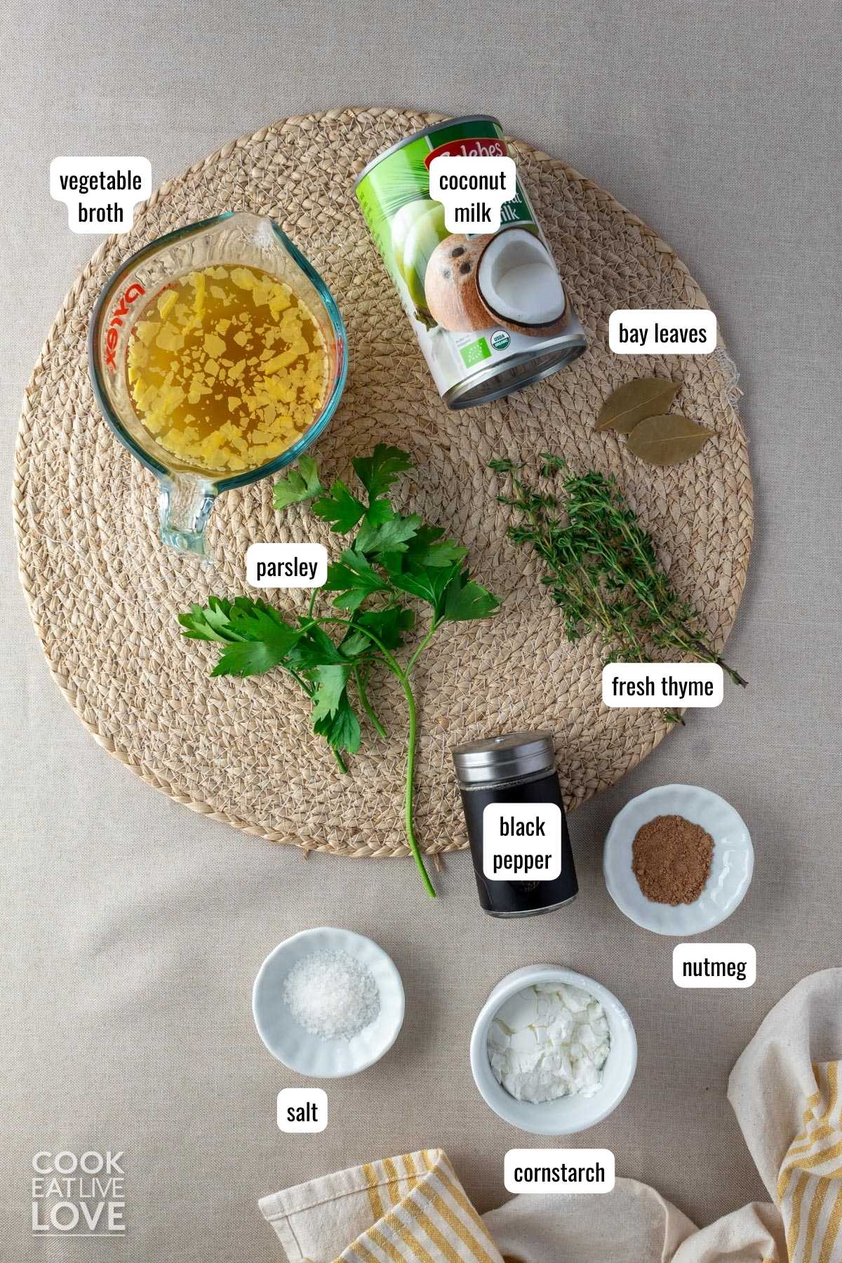 Ingredients to make vegan bechamel sauce with text labels on the table before mixing.