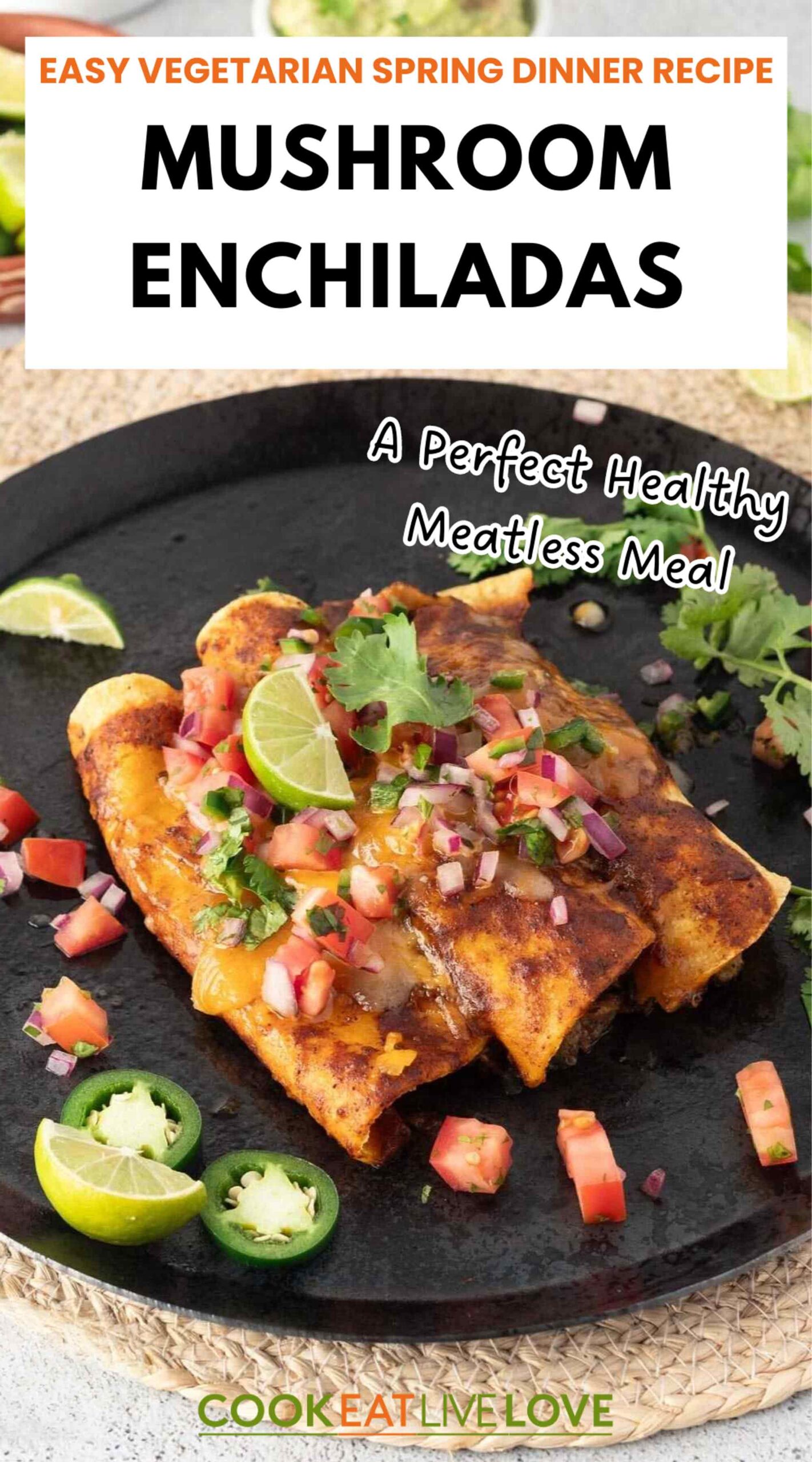 Pin for pinterest graphic with image of mushroom enchiladas and text on top.