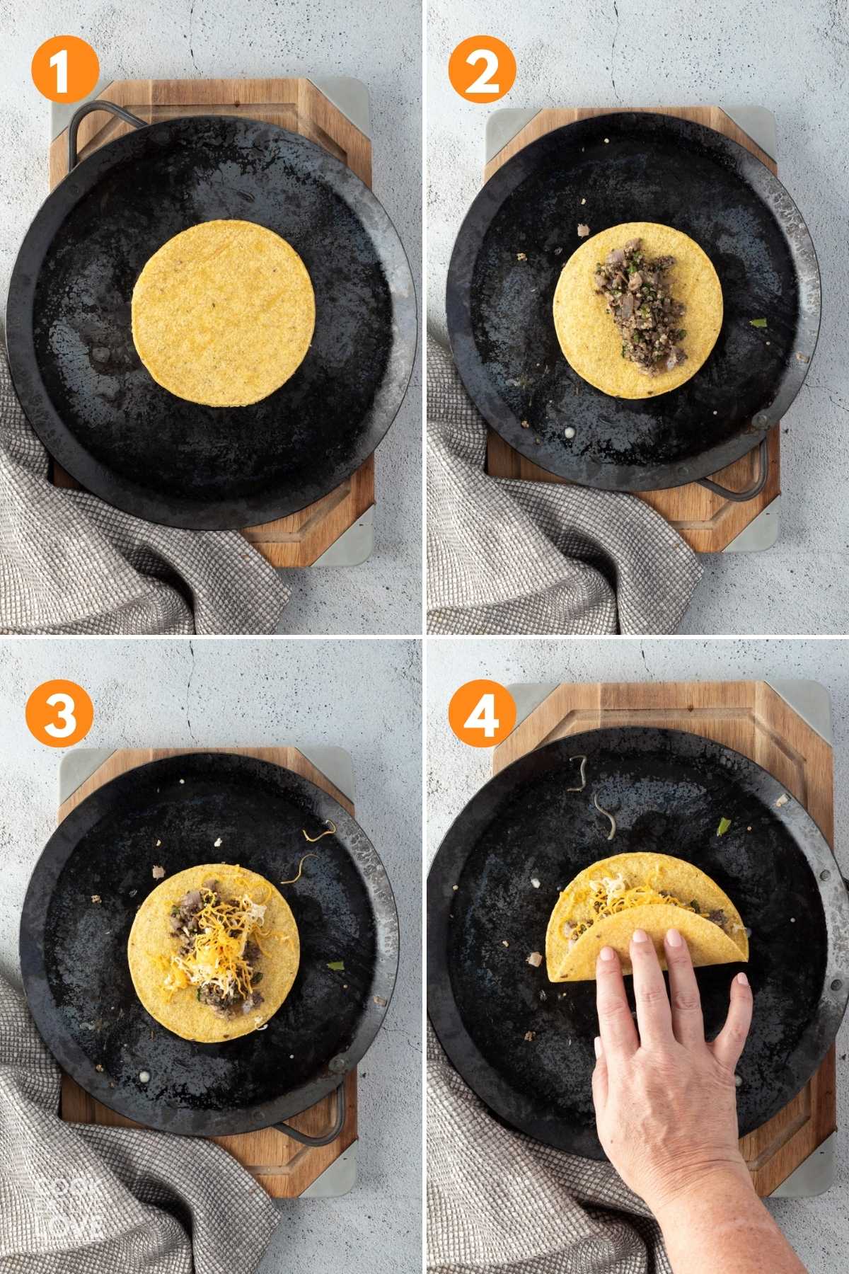 A collage showing the steps or rolling the enchiladas.
