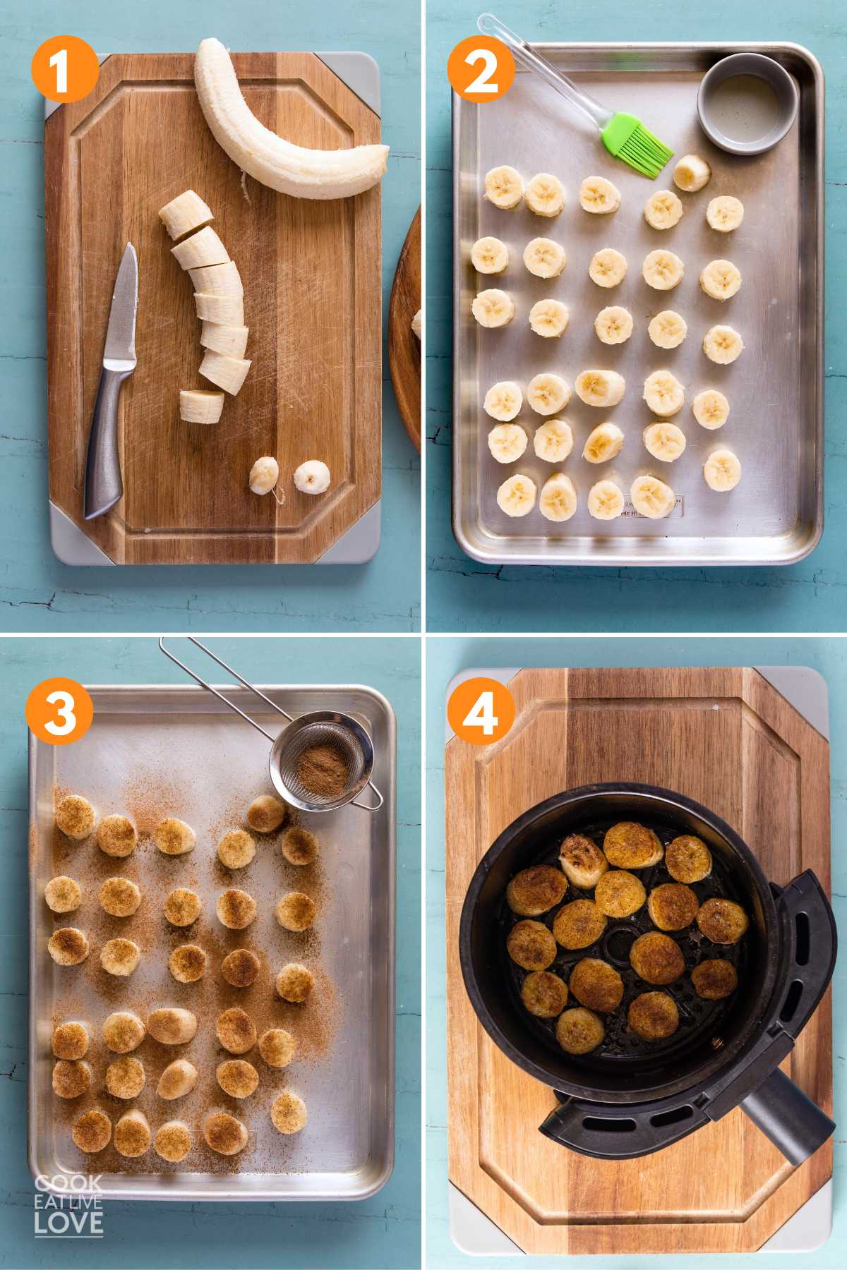 A collage of steps showing how to make air fry banana.