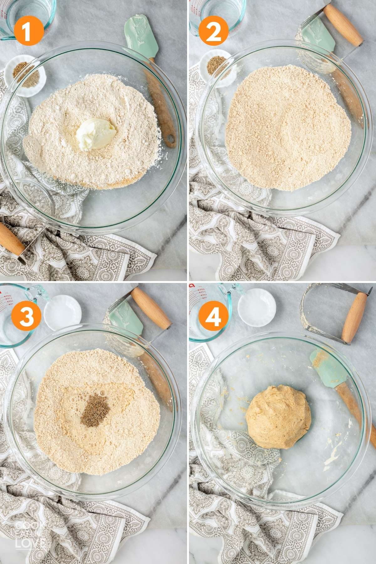 A collage of steps for mixing up the rosquitas cookie dough.