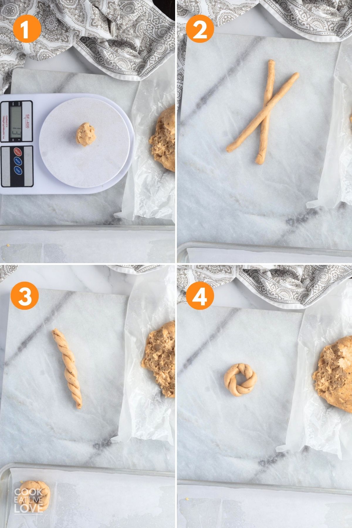 A collage showing how to shape and twist the anise cookies.