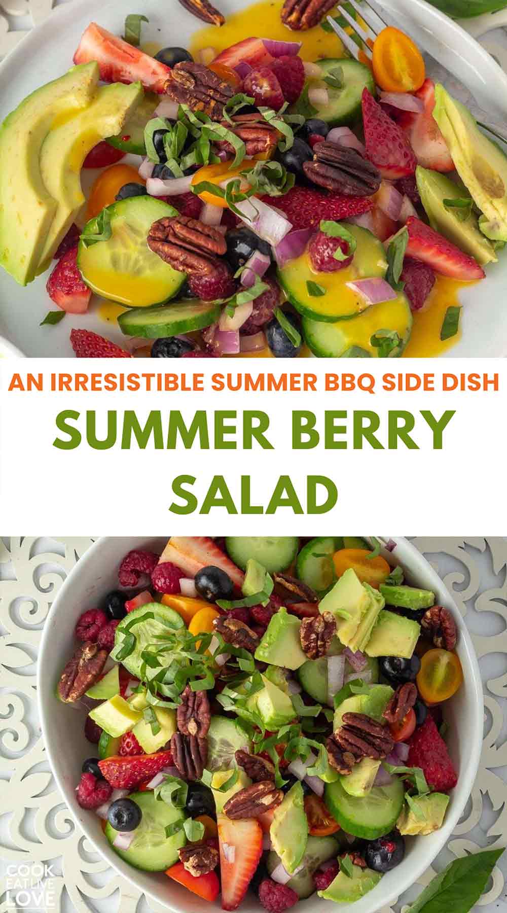 PIn for pinterest graphic with images of berry fruit salad with text on top.