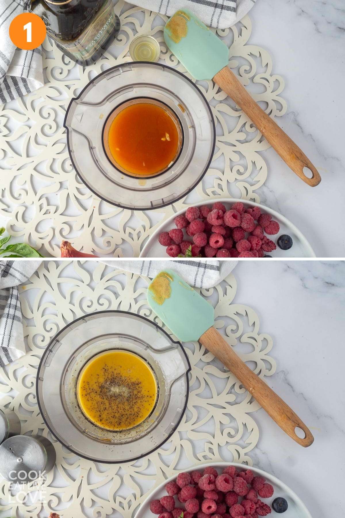 A collage of two images showing making the passion fruit vinaigrette before and after in the blender.