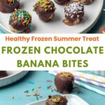 Pin for pinterest graphic with two images of banana bites and text on top.